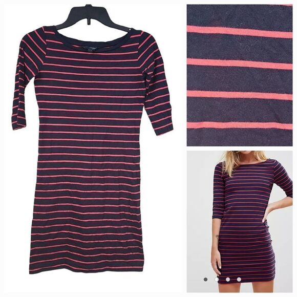 French Connection Tim Tim Stripe Jersey Dress Navy/Pink Cotton Stretch Comfy 2 - Picture 1 of 9